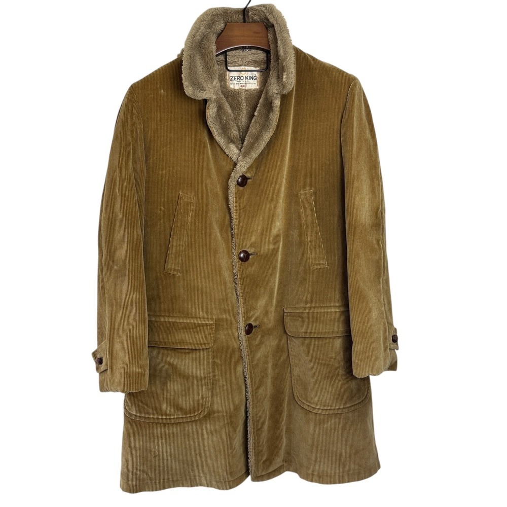 ZERO KING Vintage Brown Corduroy‎ Faux Fur Collar Long Coat Men's Size 44L Rare